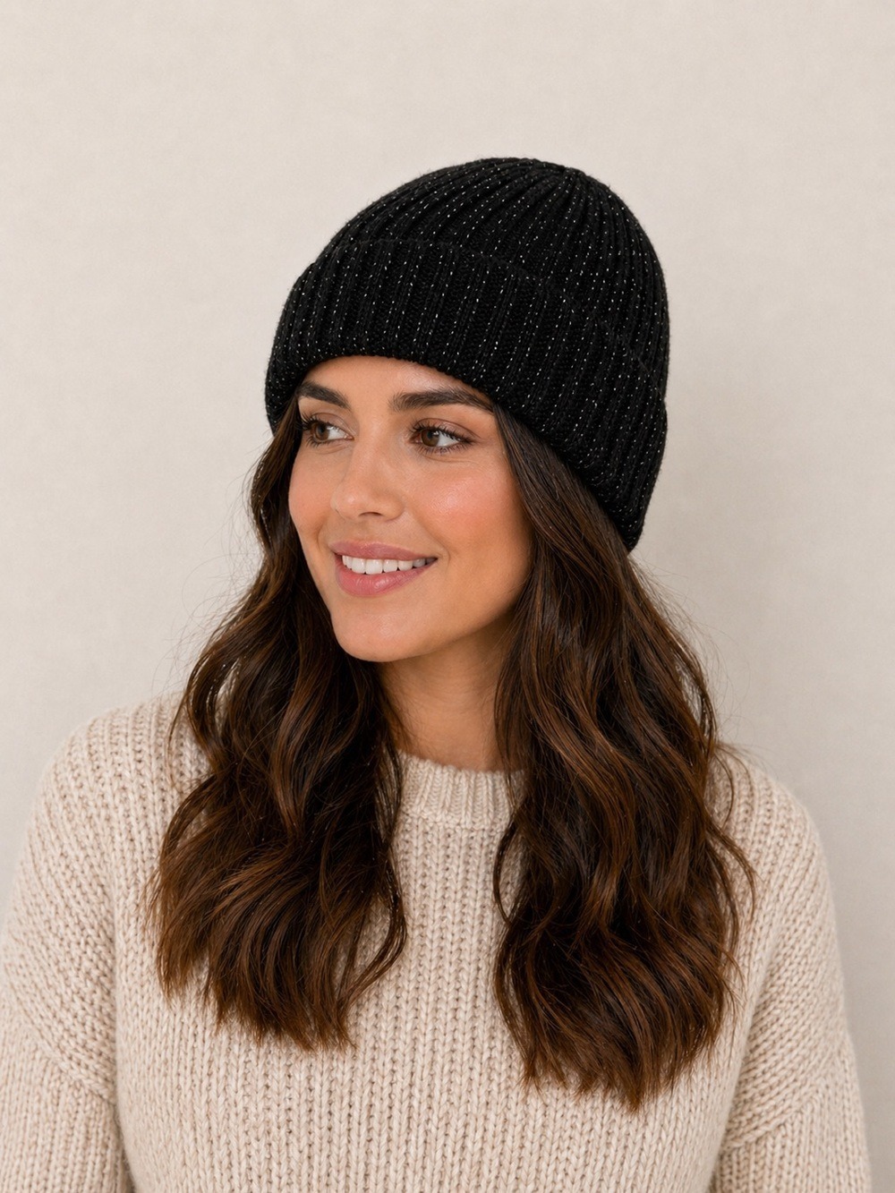 Mixit Black Metallic Knit Beanie One Size Cozy Chic Winter Hat